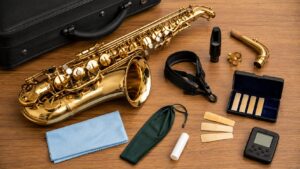アルトサックス本体とリードやストラップなどの必要用品
