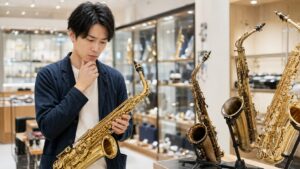 楽器店で複数のアルトサックスを比較する日本人初心者