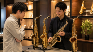 楽器店で複数のアルトサックスを比較する日本人初心者とスタッフ