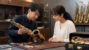 管楽器専門店で中古アルトサックスの状態を確認する店員と客