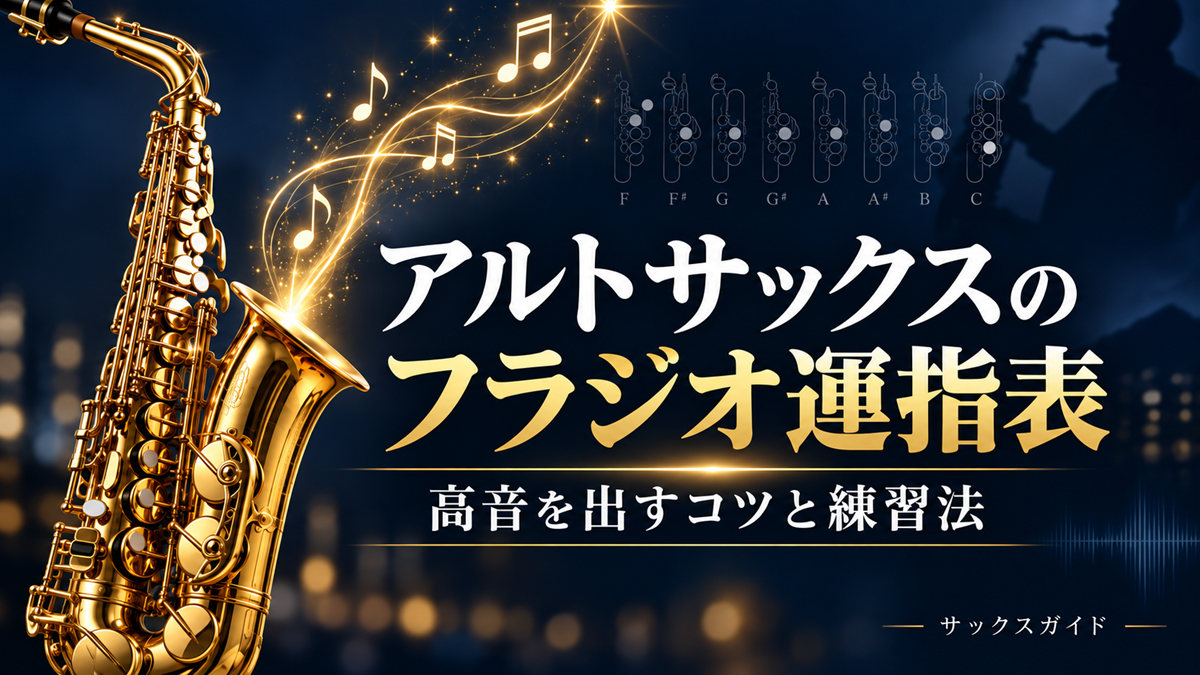 アルトサックスのフラジオ運指表と高音を出すコツ・練習法を解説するイメージ。金色のアルトサックス、フラジオ音域の運指図、音符、サックス奏者を配置