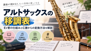 アルトサックスと楽譜を背景に、E♭管の仕組みやC譜からの変換方法を解説する「アルトサックスの移調表」のアイキャッチ画像