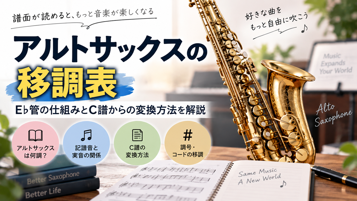 アルトサックスと楽譜を背景に、E♭管の仕組みやC譜からの変換方法を解説する「アルトサックスの移調表」のアイキャッチ画像