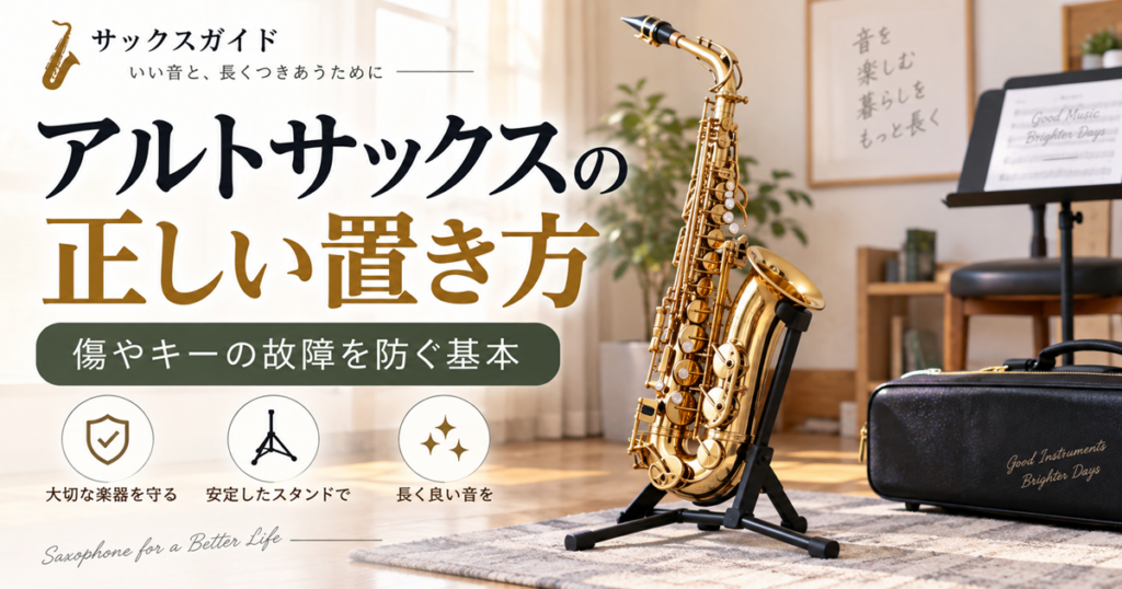 アルトサックスを専用スタンドに安全に置いた様子とケースを写した、正しい置き方とキーの故障予防を解説するイメージ