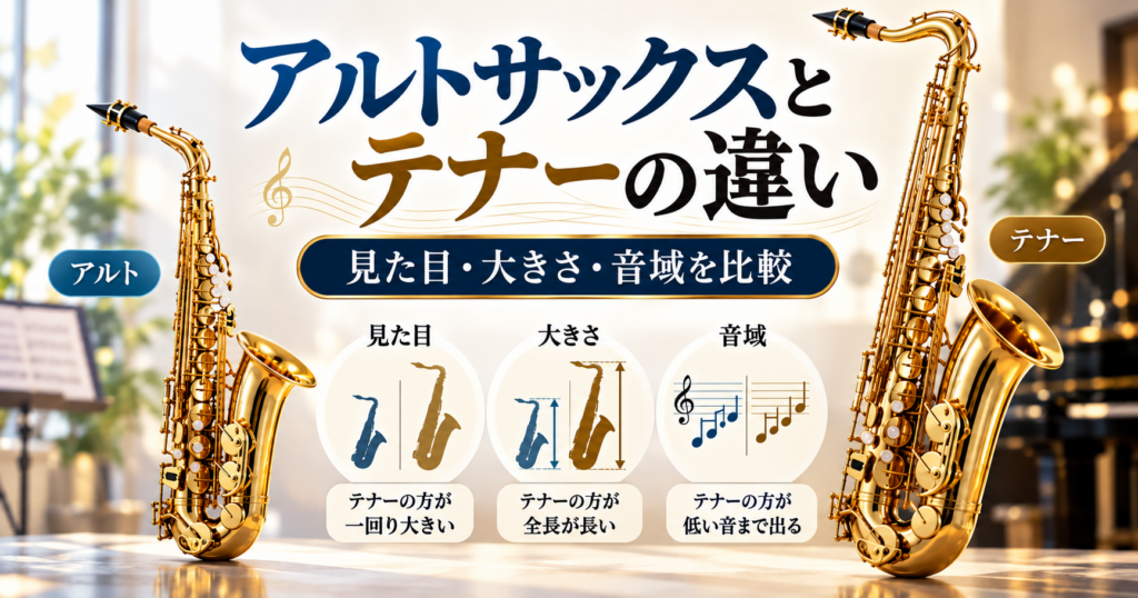 アルトサックスとテナーサックスの違いを比較した画像。左右に金色の楽器を配置し、見た目・大きさ・音域の違いをイラストで解説。