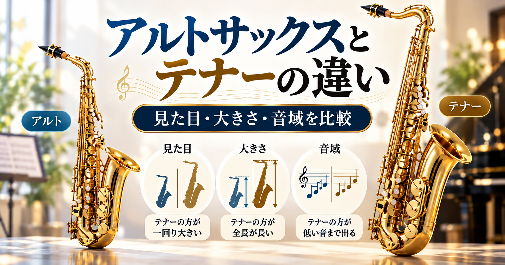 アルトサックスとテナーサックスの違いを比較した画像。左右に金色の楽器を配置し、見た目・大きさ・音域の違いをイラストで解説。